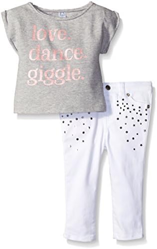 Amy Coe Girls' Love Dance Giggle with Foil Print Bottom 2 Piece Pant Set, Grey Heather/White, 24 Months