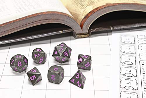 Forged Dice Co. Metal Polyhedral Dice (Set of 7 Polyhedral w/Tin, Iron w/Orchid Numbers Set of 7 Polyhedral w/Tin)