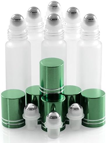 Aster Essentials Glass Roller Bottles with Metal, Stainless Steel Roll Balls. 10ml, 1/3oz Essential Oil Roll on Bottles are perfect for Aromatherapy, Perfume, &amp; Lip Gloss-6 pack with 3 extra balls.