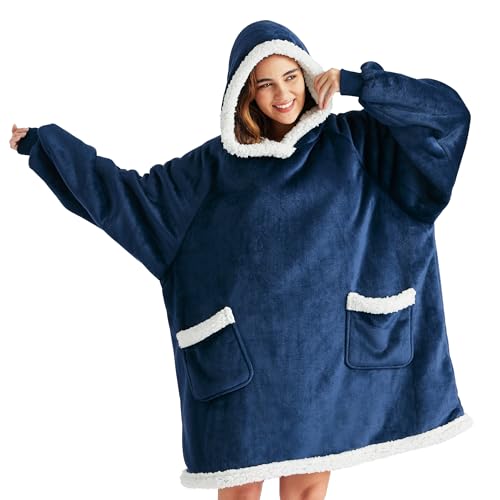Bedsure Blanket Hoodie, Wearable Blanket for Adults & Kids as Gifts for Women Men, Birthday Gifts for Women Mom Girl Sherpa Oversized Hoodie, Navy, Standard