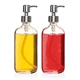 2 Pack, 16 oz. Liquid Soap Dispenser with Stainless Steel Pump, Bonus Pump Included, Refillable Round Clear Glass Bottle, Perfect for Liquid Soap, Essential Oils and Lotions, by California Home Goods