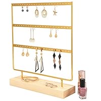 Gold Earring Holder 4-Tier Ear Stud Holder Earring Stand Display Rack Luxury Jewelry Stand Display Holder Hanger Rack Tower with Wooden Tray/Dish for Earrings Necklace Bracelet Rings 69 Holes Gold