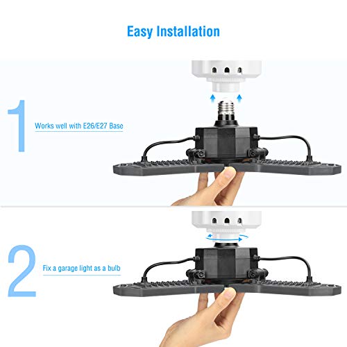 Led Garage Light, Vorida 8000LM E26/E27 Basement Deformable 80W Garage Lights, Led Garage Ceiling Light Fixture with 3 Adjustable Light Panels for Garage, Warehouse and Workshop(NO Motion Activated)