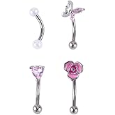 Zynova 4Pcs 16G 316L Surgical Steel Eyebrow Piercing Curved Barbell for Women Dainty Pink CZ Heart butterfly Flower Pearl Eyebrow Rings Studs Rook Cartilage Earrings Belly Ring Body Piercings Jewelry