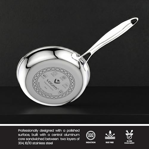 VOGATI FRY PAN 24CM TRY-PLY STAINLESS STEEL (3 LITRES) WITH GLASS LID -WELDED HANDLE-INDUCTION COMPATIBLE COVERED PAN-SHALLOW CASSEROLE - (100% PFOA FREE) (3 Litres)