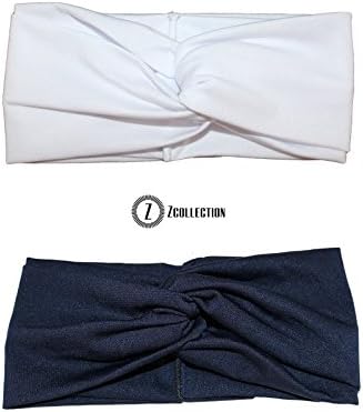 ZCollection 2pc Women Elastic Headband Fashion - Yoga - Sports - Travel. Super Comfortable. Chic Design &amp; Quality - 15 colors ( Pack of 2 pcs ) White / Navy Blue