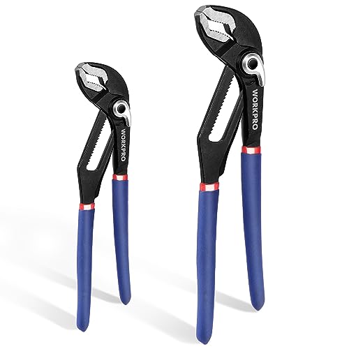 WORKPRO Water Pump Pliers, 200mm (8") and 250mm (10"), 46mm Jaw Capacity, Adjustable Grips and Slip Joint Plier Set, 2-Piece