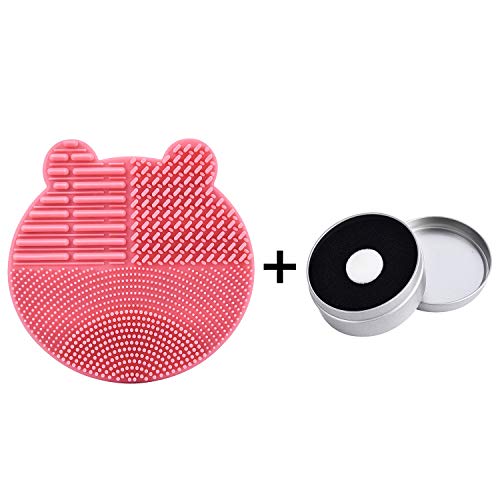 Silicon Makeup Brush Cleaning Mat with Brushes Drying Holder Portable Bear Shaped Cosmetic Brush Cleaner Pad+ Makeup Brush Dry Cleaned Quick Color Removal Sponge Scrubber Tool (Pink)