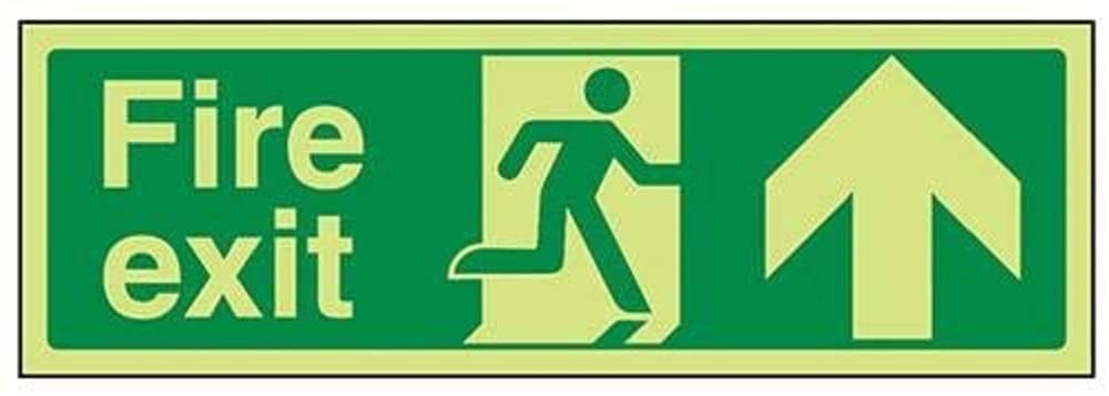 V Safety Glow in the Dark Fire Exit Arrow Up Sign - 450 mm x 150 mm - Self Adhesive Vinyl Safety Sign