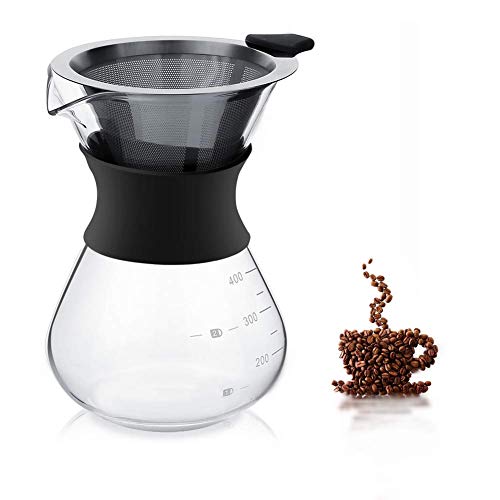Dioche 400ML Drip Decanter Pourover Coffee Brewer Server, Glass Coffee Jug, Manual Hand Drip Coffee Maker Glass Pot with Stainless Steel Filter