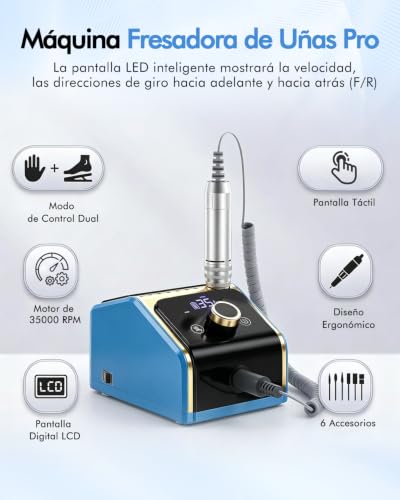 CozyZen Professional Electric Nail Drill Machine, 35000RPM with LCD Display, Manual/Pedal Control and Quiet Operation, for Acrylic/Gel Nails - Home & Salon Use (Blue)