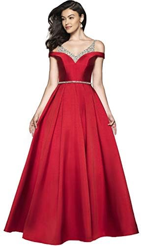 YGSY Women's Cold Shoulder V Neck Pleated Satin A-line Evening Prom Dress Long Formal Party Gown with Beaded Bodice