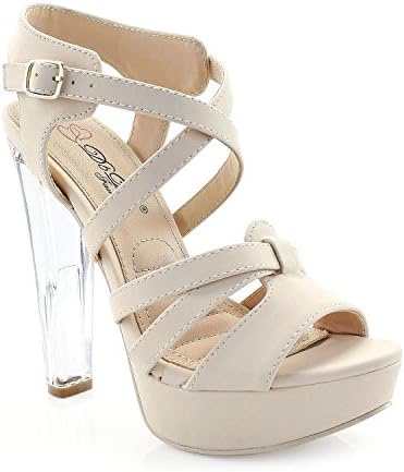 FOREVER VOGUE Open Toe with Lucite Block Heel Platform Sandals, Nude 8 M US