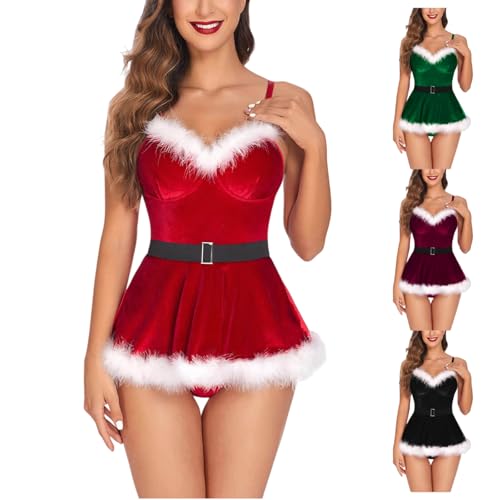 Sexy Lingerie for Women Sets 2 Piece Santa Outfits Naughty Lingerie Dress and a G-String Christmas Velvet Babydoll Bodysuit