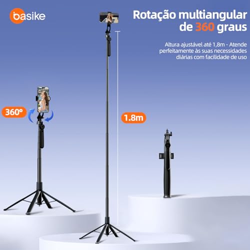 Basike Tripé para Celular 1,84m – Bastão de Selfie Dobrável Portátil com Controle Remoto, Rotação 360°, Base Quadrúpede Reforçada, Pau de Selfie com Parafuso 1/4" Compatível com Câmeras, GoPro/iPhone