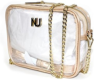 NU PVC, Clear Purse, Clear Bag Policy Approved Crossbody, Adjustable Vegan Leather + Chain Strap Purse (Gold)