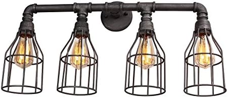 Lighting Rising 4-Lights Wall Scone Industrial Retro Pipe with Cage Lamp Antique Style Iron Retro Edison Bulbs Wall Lamp, Black