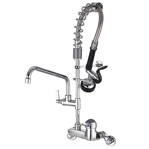 MSTJRY Commercial Kitchen Sink Wall Mount Faucet with Pre Rinse Sprayer Single Handle 4-8 Inch Adjustable Hole Center 25 Inch Height Compartment Sink Spring Faucet with 12 Inch Add-On Swivel Spout