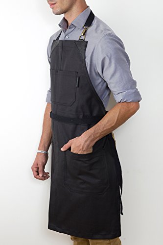 No-Tie Apron - Coated Matte Black Twill - Black Leather - Split-Leg - Thumbnail 5