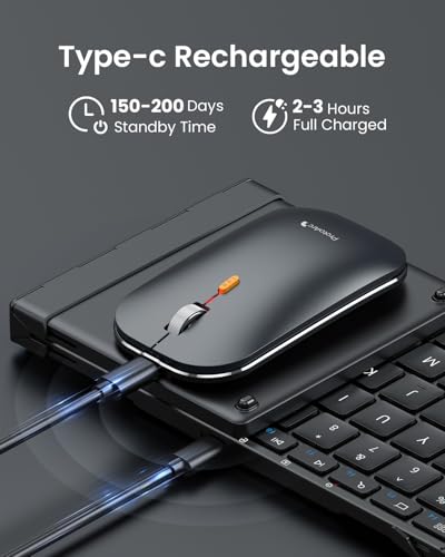 ProtoArc Foldable Keyboard and Mouse Combo, Folding Bluetooth Keyboard Mouse for Travel, 2.4G+Dual Bluetooth, Full-Size Rechargeable Portable, QWERTY UK Layout - Black | 105-key keyboard, slim mouse, hard case and phone stand; 3-device Bluetooth & 2.4G switching, for travel office use