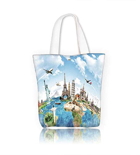 Canvas Shoulder Hand Bag Travel the world monument concept women Large Work tote Bag Shoulder Travel Totes Beach W17.7xH14xD7 INCH
