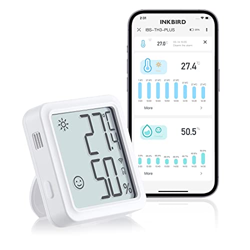 Inkbird WiFi Thermometer Hygrometer, IBS-TH3-PLUS WiFi Indoor Temperature Sensor with LCD Display, App Supports, Alert and Data Storage, Thermometer and Digital Hygrometer for Cellar, Greenhouse