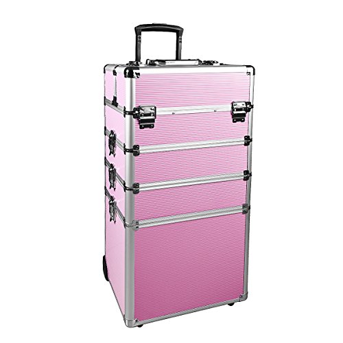 UPC 694090889838, Makeup Rolling Train Case 4-in-1 Professional Artist Trolley Cosmetic Organizer with 2 Wheels Durable Aluminum Frame Folding Trays and Locks (13.4×10.4×28.7in, Pink)