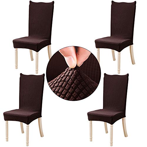 Stretch Dining Room Chair Covers - Jacquard Removable & Washable Chairs Slipcovers Protector for Hotel, Wedding, Party, Ceremony, Christmas Decoration (Set of 4) (Brown, 4pcs)