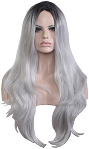 32" 80cm Women Long Curly Silvery Grey Party Wig Synthetic Hair Full Wigs