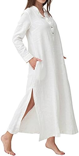 Women's Plus Size Long Sleeve Cotton Linen Split Kaftan Maxi Dress S-3XL