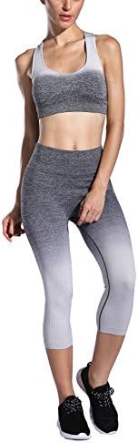 FelinSoul Women's 2 Piece Ombre Seamless Sports Outfits Set-Capri Leginggs &amp; Bra(Grey, Bra L/XL)