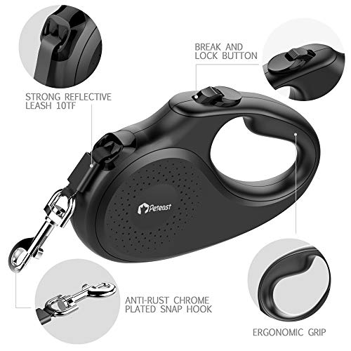 Peteast Retractable Dog Leash Small Breed, Patented Dog Leash for Small Dog, Leash Up to 26lbs, 10ft, Portable Design with One Button Brake/Lock, Comfortable Hand Grip