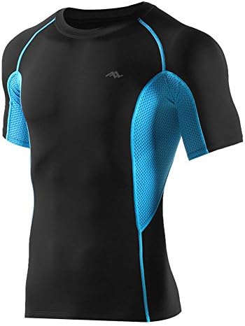 PASSWIN Men's Cool Dry Sports Compression Shirts Short Sleeve XL Black&Blue