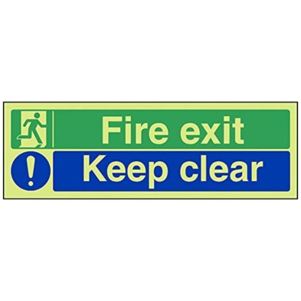 V Safety Glow In The Dark Fire Exit/Keep Clear Sign - 300mm x 100mm - Rigid Plastic — image 1
