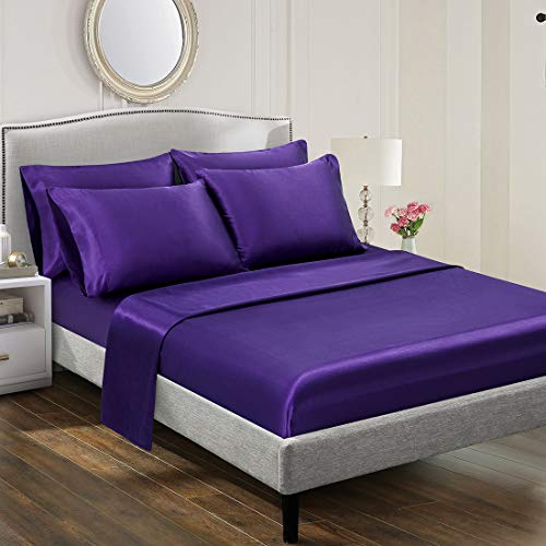 Cobedzy 6 Pcs Purple Satin Sheets Queen Size Soft Silk Satin Bedding