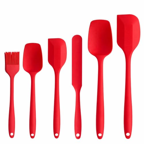 Kit 6 Espátulas de Silicone Premium Antiaderente - Kit Cozinha e Confeitaria Resistente ao Calor com Espátula Pão Duro Grande e Pequena, Pincel, Espátula Reta e Vazada