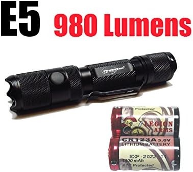 PowerTac E5 Gen4 980 Lumens CREE XM-L2 LED Flashlight Firefly and Strobe with two LegionArms CR123 Batteries