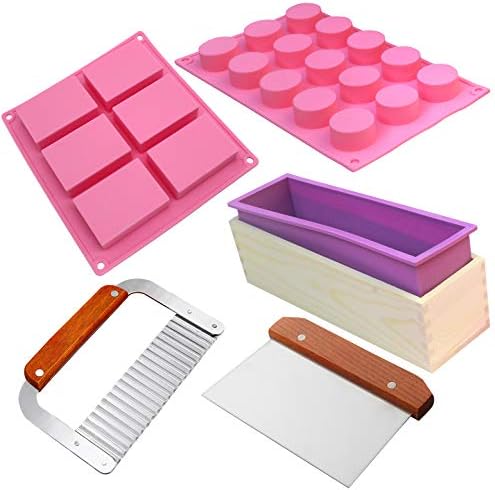 Silicone soap molds kit - Rectangular Biscuit Holes Cylinder Soap Loaf Mold kit,Comes with Wood Box Stainless Steel Wavy & Straight Scraper
