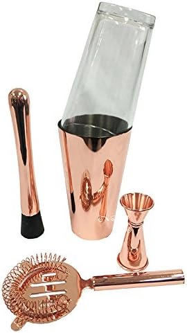Copper Boston Cocktail Shaker Bar Set 5-Piece: 28oz Shaker Tins, 16oz Shake Glass, Hawthorne Cocktail Strainer, Double Jigger, 6.25'' Drink Muddler (Rose Gold Plated)