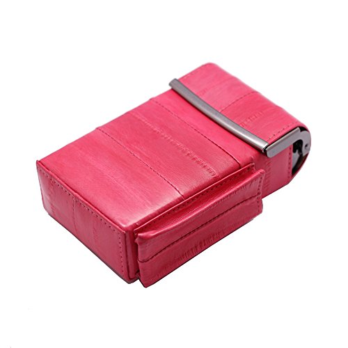 Automatic Rising Genuine Eel Skin Leather Sliding Cigarette Case with Lighter Holder (Pink) - Thumbnail 5