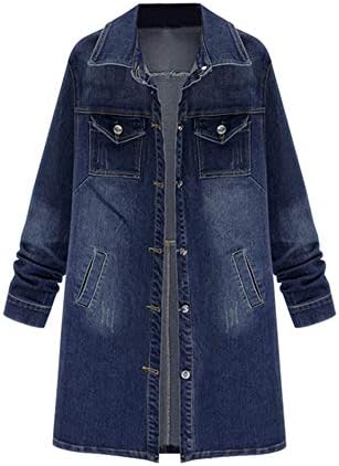 Faionny Women Plus Size Coat Denim Outcoat Solid Long Overcoat Pockets Jean Jacket Long Sleeve Blazer Parka Windbreaker