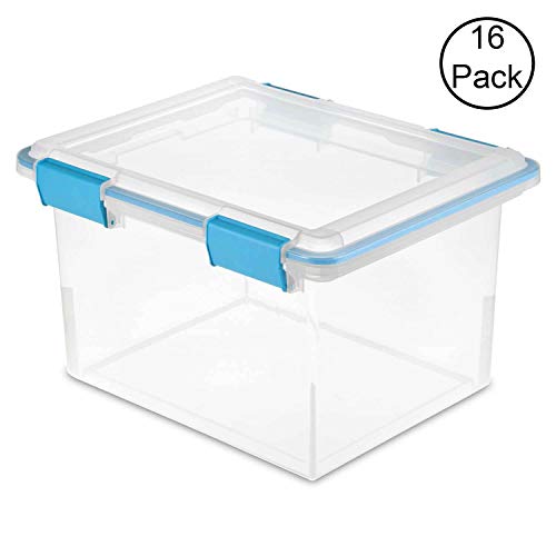 Sterilite 32 Quart Stackable Clear Plastic Storage Tote Container with Blue Gasket Latching Lid for Home and Office Organization, Clear (16 Pack)