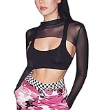 Mesh See Through Sexy Tank Top for Women UV Long Sleeve Vest Fishnet Blouse Sun Black