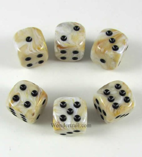 Ivory Marbleized With Black Pips 16mm D6 Dice Set of 6 Wondertrail WCX27602E6