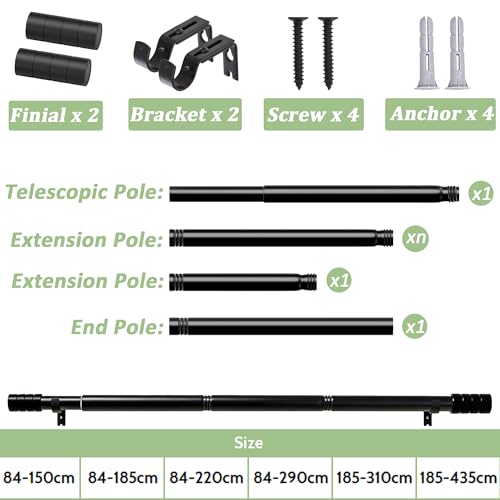 Extendable Curtain Rod Curtain Rod with Adjustable Brackets for Living Room, Bedroom, Diameter 25 mm, 84 – 220 cm (White)