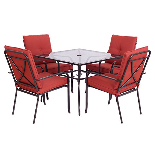 Giantex 5 Piece Patio Furniture Set Glass Table & 4 Cushioned Chairs Garden Pool Yard (5 Pie ...
