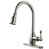 VCCUCINE Solid Brass Single Handle Pull Out Sprayer Brushed Nickel Kitchen Sink Faucet, Higa Arc Pull Down Kitchen Faucet With Deck Plate