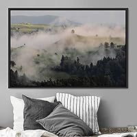 Framed Canvas Wall Art Foggy Mountains Aerial Cool Multicolor Nature Photography Realism Relax/Calm Rustic Wilderness - 16x24 inches