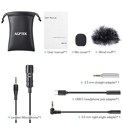 AGPTEK Lavaier Microfono per PC Smartphone con Clip e Un Parabrezza Incluso Adattatore Tipo-c Microfono Esterno Trust Ideale per Youtuber Intervista Conferenza Video Camera Podcast Cavo da 2M