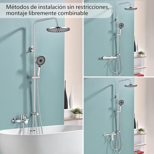 KeeGone Kit de ducha sin grifería ajustable en altura Ducha de lluvia redonda 26 cm y ducha de mano 3 chorros Acero inoxidable instalación rápida